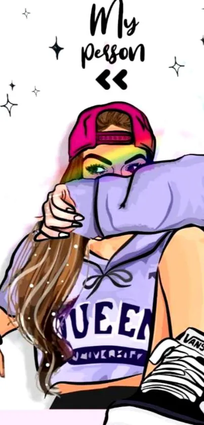 Colorful cartoon girl with cap and QUEEN shirt.