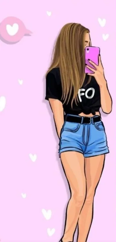 Cartoon girl with phone against a pink background.