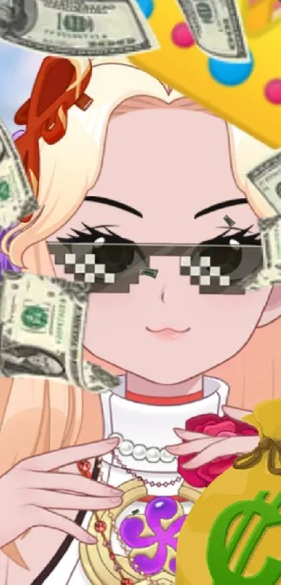 Cartoon character with crown, shades, and dollar bills.