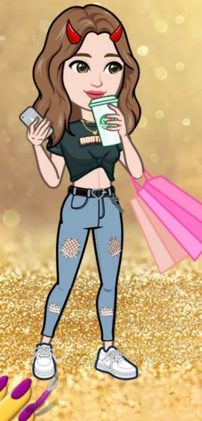 Trendy cartoon girl with shopping bags on a gold background.