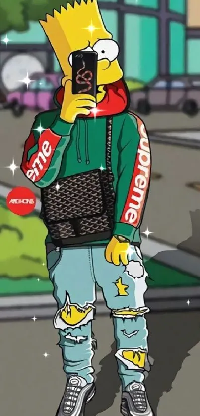 Cartoon character in streetwear holding phone.