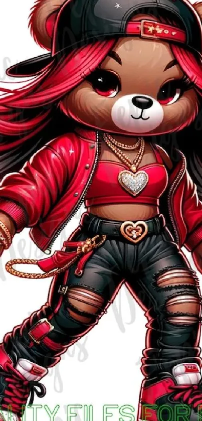 Stylish cartoon teddy bear with red accents and streetwear outfit.