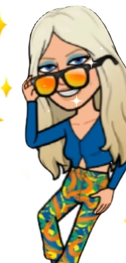 Trendy cartoon girl with sunglasses and colorful attire on a white background.