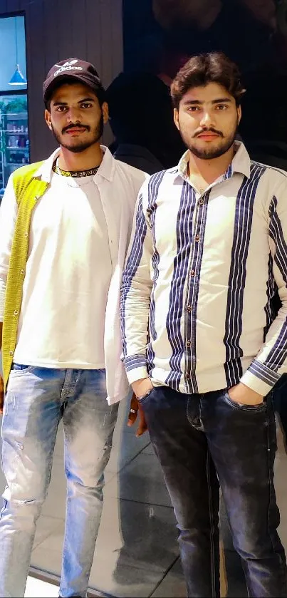 Two men in casual outfits standing indoors