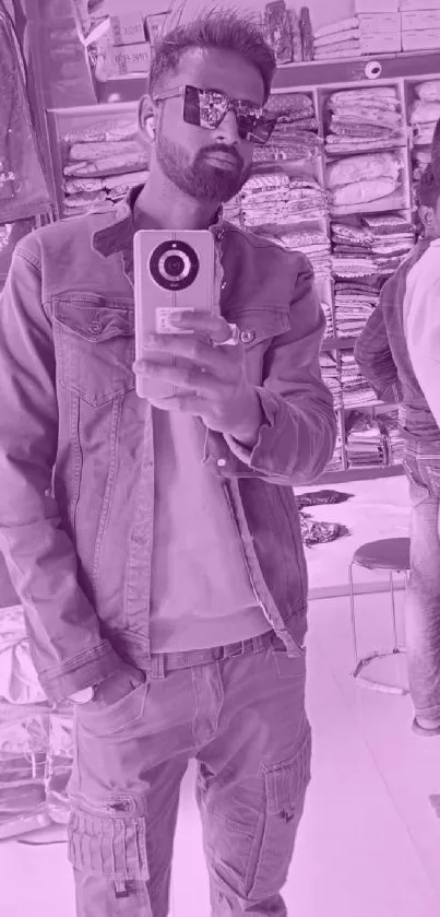 Stylish mirror selfie with man in denim and purple tint.