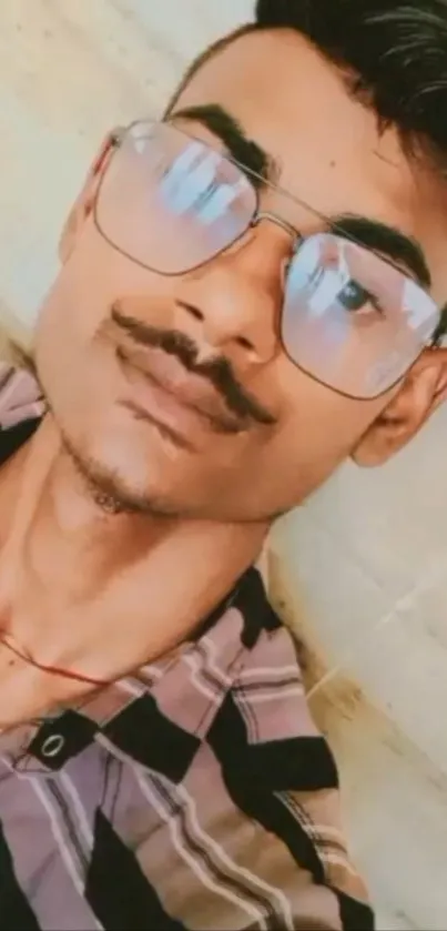 Man with trendy glasses and a stylish shirt in a portrait.