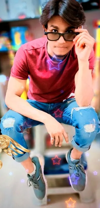 Casual young man in red shirt with colorful stars background.