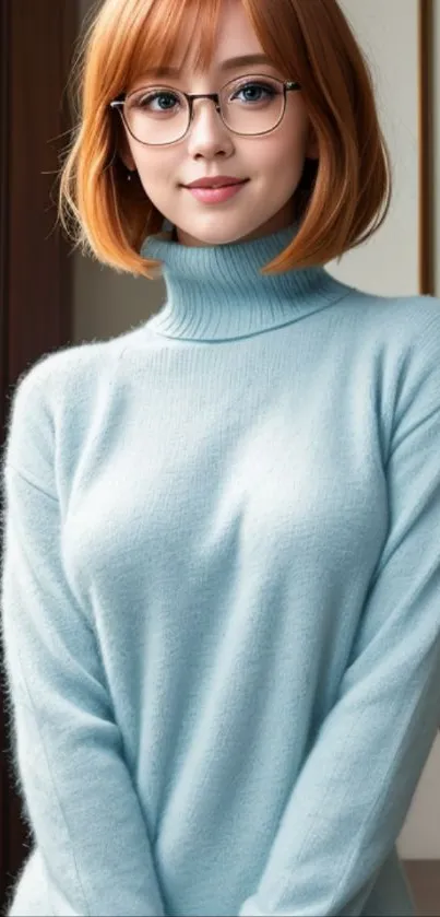 Woman with red hair in a blue sweater, looking stylish and modern.