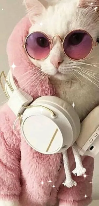 Trendy white cat wearing pink hoodie and sunglasses.