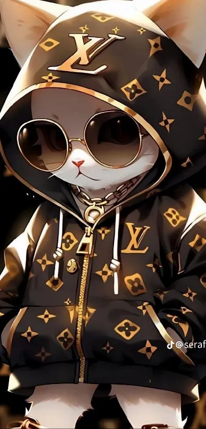 Fashionable cat wearing a designer hoodie and sunglasses.