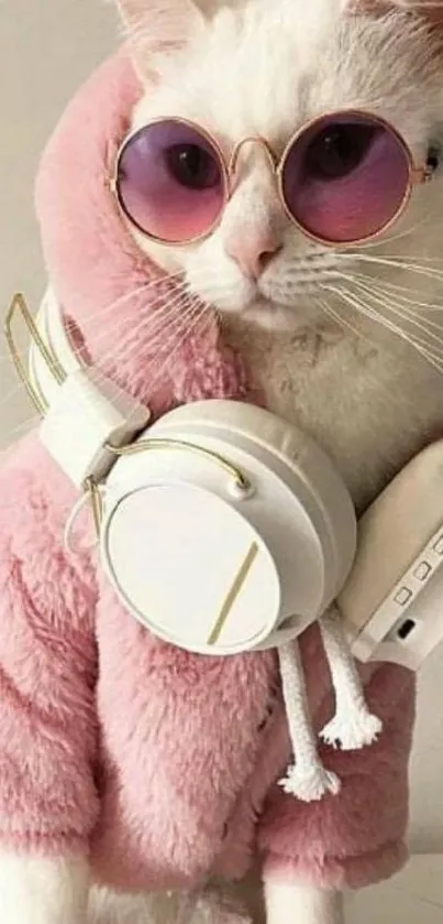 Trendy white cat with pink jacket, sunglasses, and headphones.