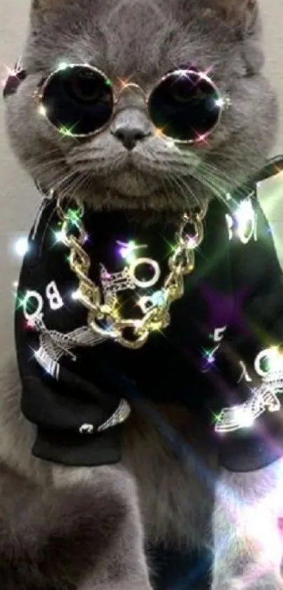 Trendy cat wearing sunglasses and a gold chain on a gray background.