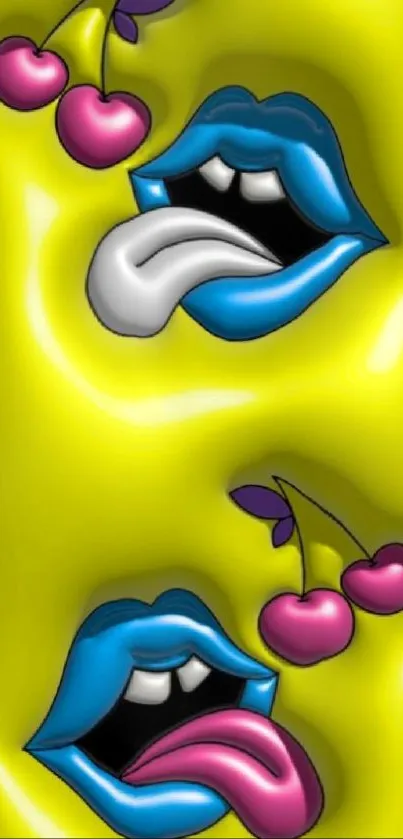 Vibrant pop art wallpaper with blue lips and pink cherries on yellow background.