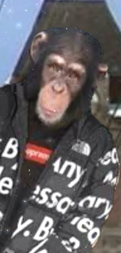 A chimpanzee in a stylish logo jacket with a fashionable streetwear vibe.