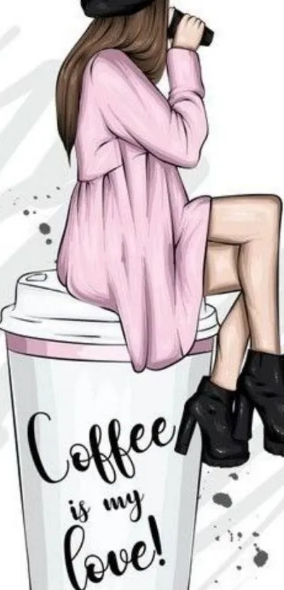 Illustration of woman sitting on coffee cup, wearing pink dress.