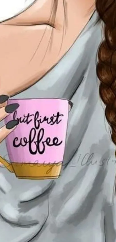 Cozy morning illustration with coffee cup and braided hair.