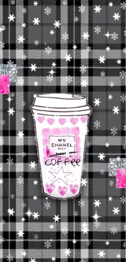 Chic coffee cup on pink plaid background with stylish design accents.