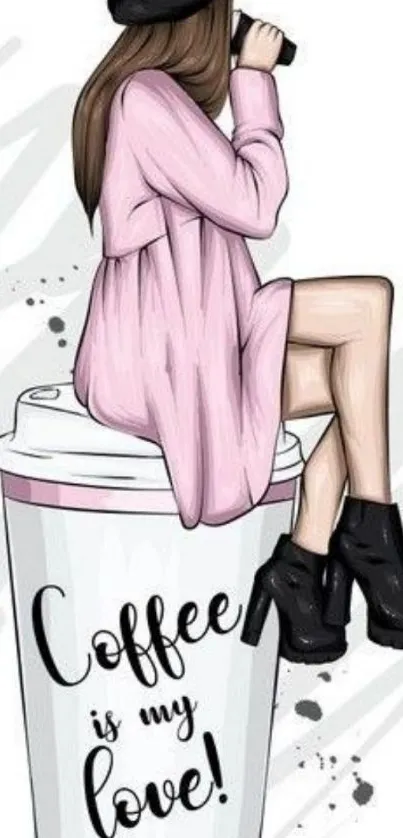 Stylish girl on coffee cup wallpaper with pink dress.