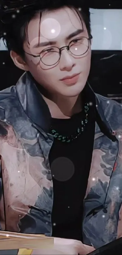 A stylish person with a colorful jacket and glasses in dark mode aesthetic.