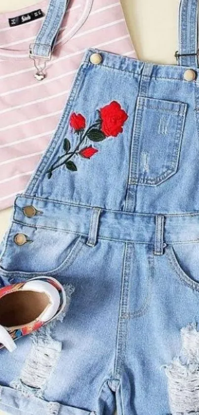 Denim overall with floral embroidery and pink striped tee.