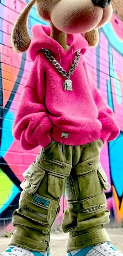 Cartoon dog in pink hoodie against graffiti wall.