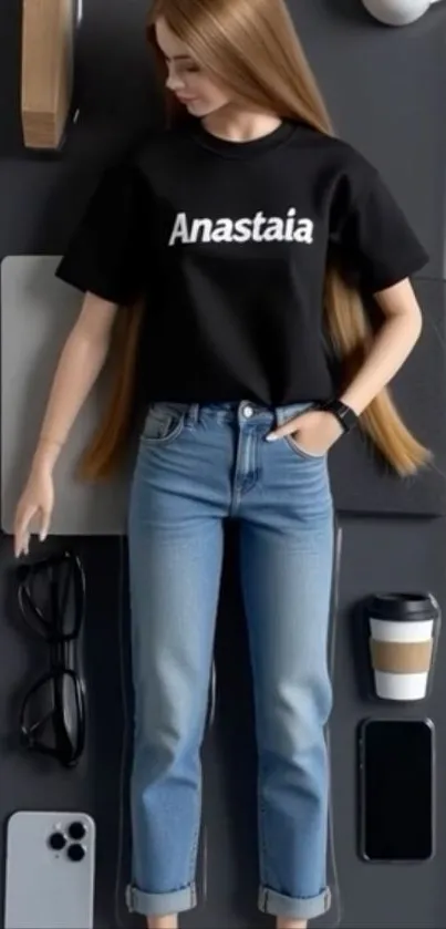 Fashion doll in casual attire, jeans, black shirt, and accessories.