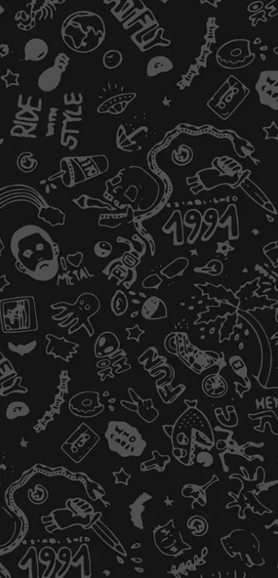 Dark doodle wallpaper with quirky 1990s sketches.