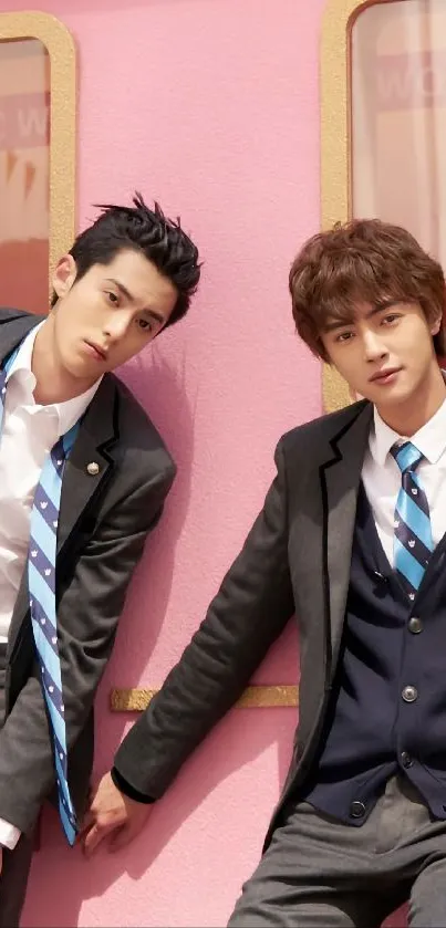 Two stylish individuals in school uniforms against a pink background.