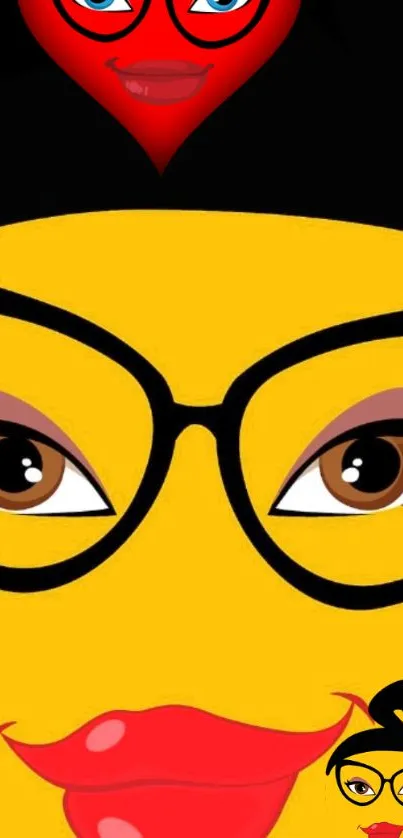 Vibrant emoji face with glasses and a heart on a mobile wallpaper.