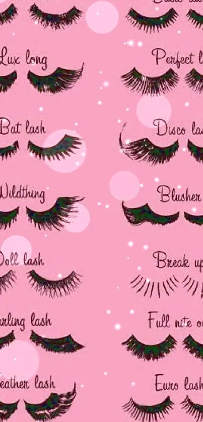 Mobile wallpaper displaying various eyelash styles on a pink background.