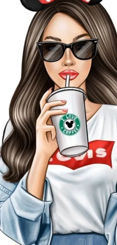 Illustration of a fashionable girl with coffee and mouse ears.