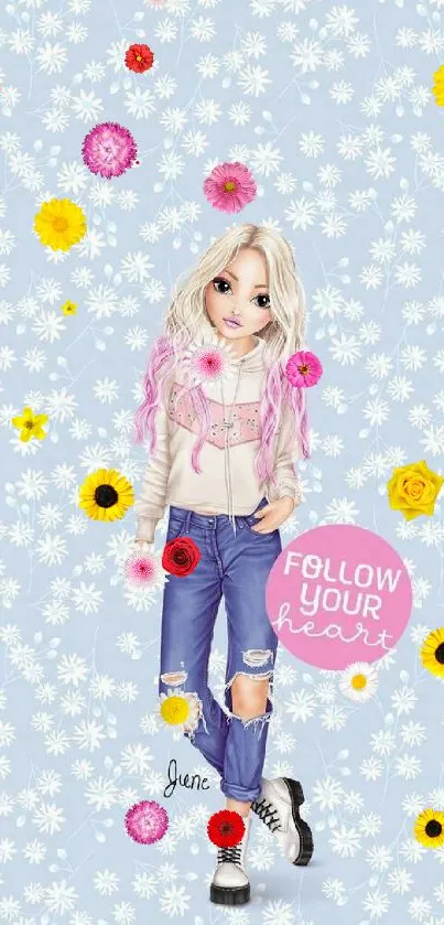 Fashion doll with trendy outfit on light blue floral wallpaper.