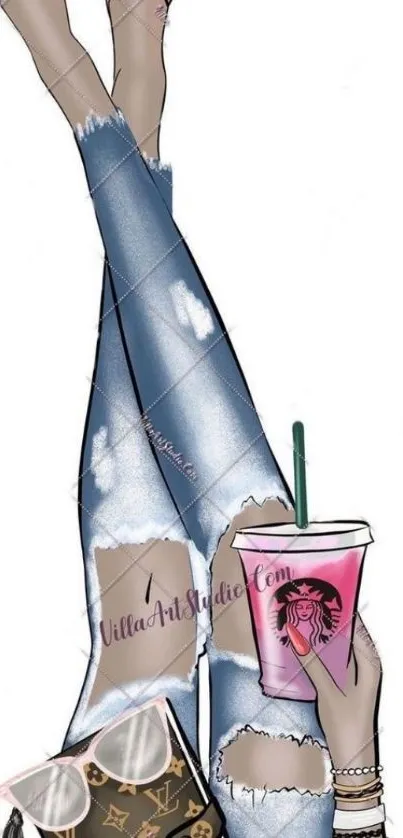 Fashionable illustration with jeans, pink heels, and a stylish cup.