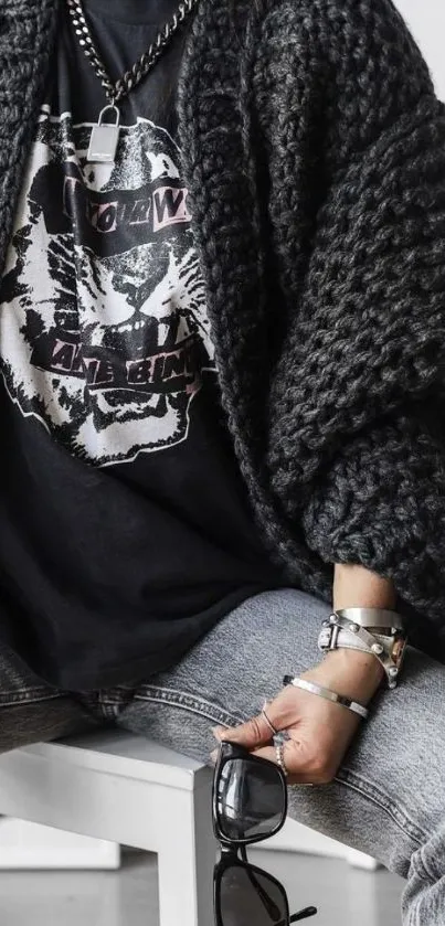 Monochrome outfit with black sweater and tiger t-shirt.