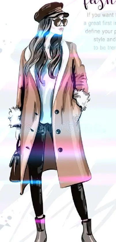 Illustration of a fashionable woman in sunglasses, coat, and stylish attire.