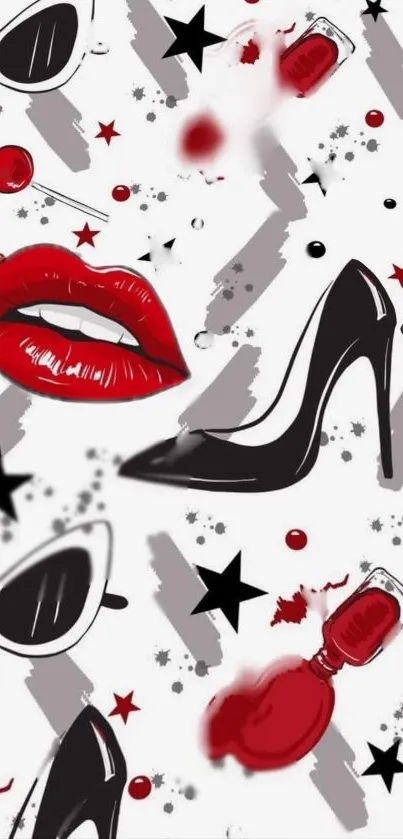 Fashion-themed wallpaper with red lips and high heels.