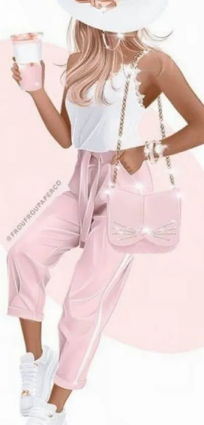 Stylish woman in pastel pink and white outfit with chic accessories.