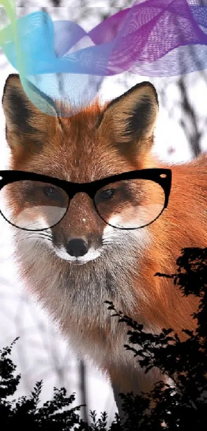 Fox wearing glasses in snow with colorful overlay.