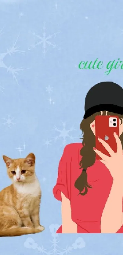 Girl taking a selfie with a cat on a snowy background.