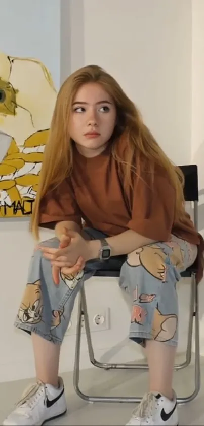 Girl with long hair sitting in an art-filled room.