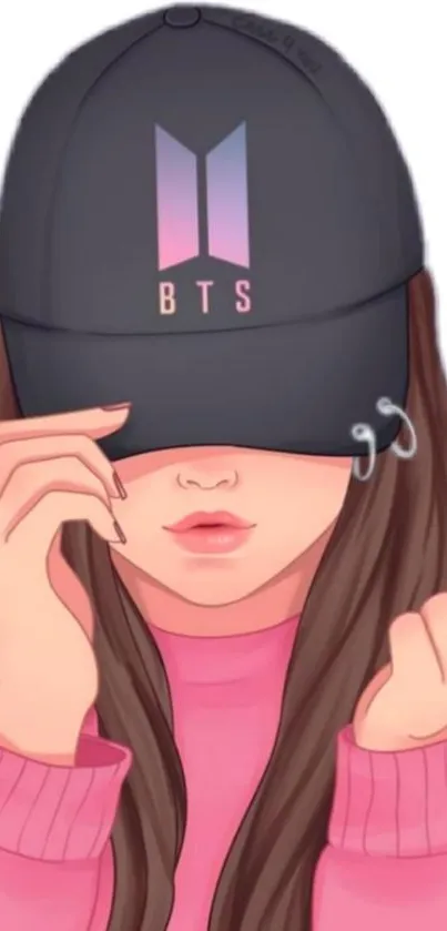 Illustrated girl wearing a BTS cap with a heart gesture in pink outfit.