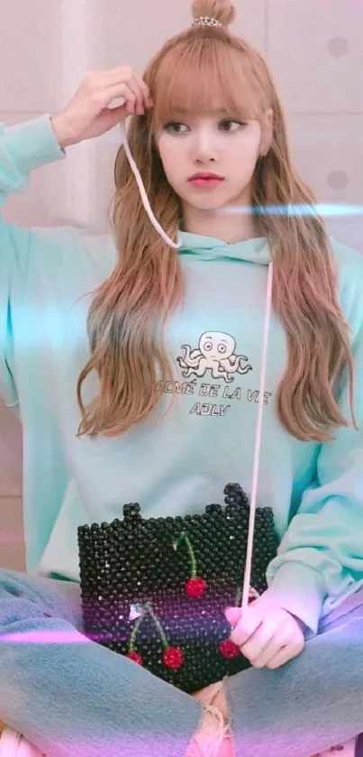 Young woman wearing a pastel hoodie in a fashionable mobile wallpaper.