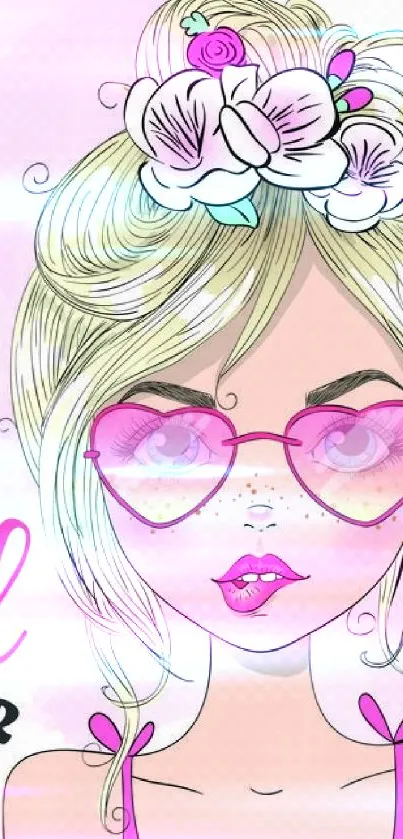 Illustration of a stylish girl with pink sunglasses and floral crown.