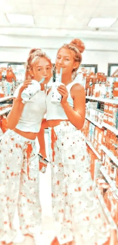 Stylish young women in a colorful grocery store.