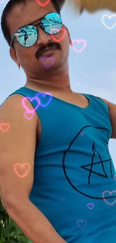 Man in blue tank top with colorful heart pattern background.