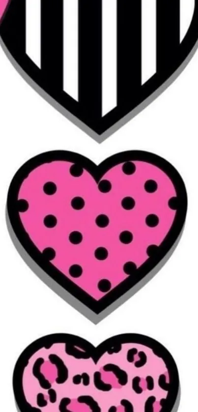 Three hearts in pink, black, and white with various patterns.