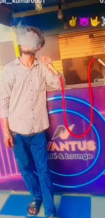 Person smoking hookah in neon-lit lounge.