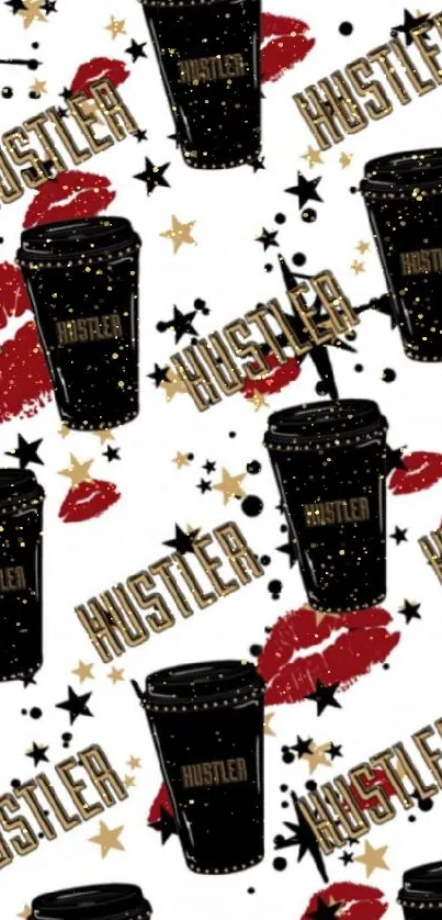 Hustler coffee cup wallpaper with red lips and stars.