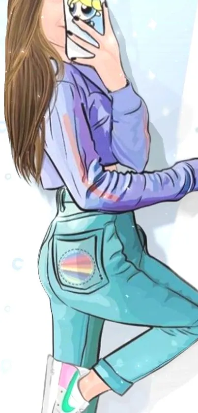 Illustrated girl holding a smartphone with vibrant colors and trendy style.