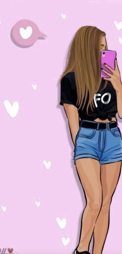 Illustrated girl with pink phone in casual attire on pink background.